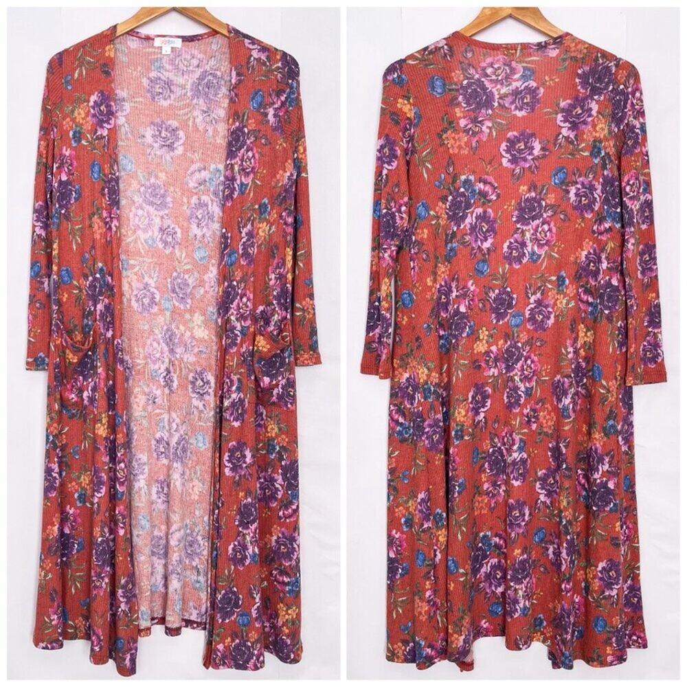LuLaRoe Floral Sarah Cardigan Longline Stretchy Flowy Soft Size Small Red Orange